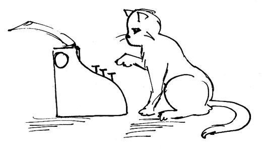 Illustration of a cat attempting to use a typewriter