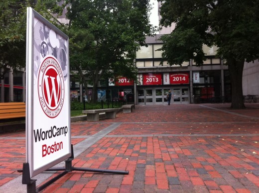 Wordcamp sign in front of Boston University Student Union where the event was held.
