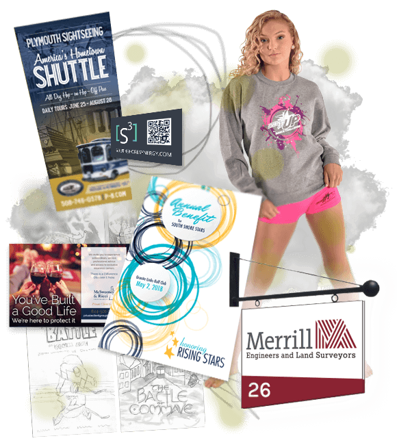 GraphicDesignGraphic collage of graphic design samples: sketching, Battle of Comm Ave Poster sketches, America's Hometown shuttle brochure, S3 business card, Turn It Up Sweatshirt graphic on model, McSweeney & Ricci print ad, South Shore Stars Gala Program cover, Merrill signage