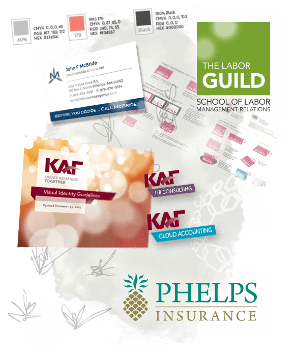 Collage of branding elements: sketches, pantone color swatches, McBride Insurance Business Card, Labor Guild logo guidelines, Labor Guild School of Labor logo, KAF Identity Guidelines Cover, KAF division logos, Phelps Insurance Logo