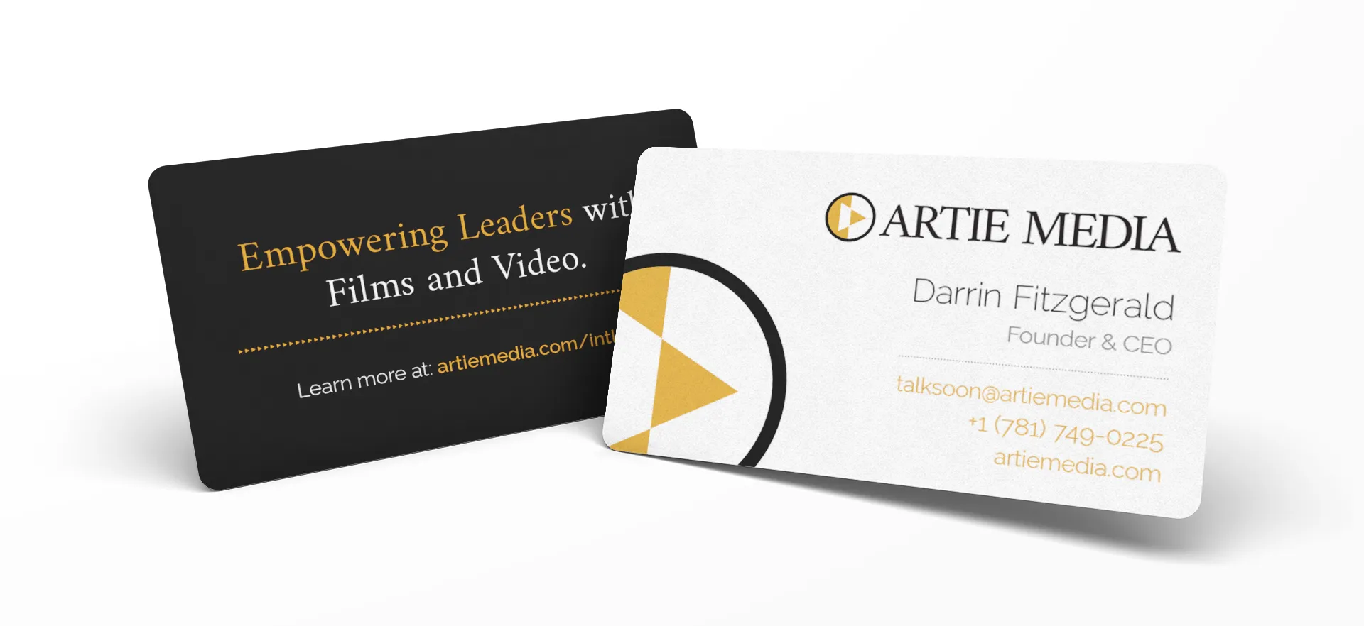 Double-sided Artie Media business cards feature gold leaf and embossing.
