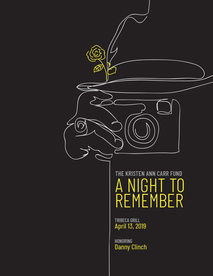 Event branding featuring solid black background and single continuous line art creating an illustration of a camera and the iconic hat of honoree Danny Clinch. The Kristen Ann Carr Fund - A Night to Remember 2019