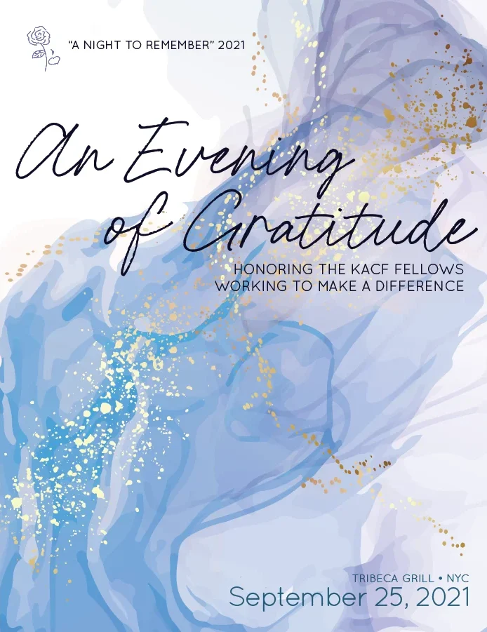 Event branding featuring "An Evening of Gratitude". The Kristen Ann Carr Fund - A Night to Remember - Honoring KACF Fellows 2021