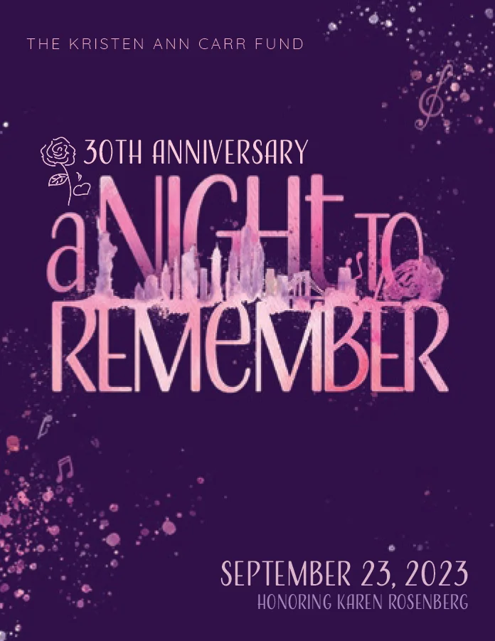 Event branding featuring a pink New York City Skyline with musical notes and bubbles. The Kristen Ann Carr Fund - A Night to Remember - Honoring Karen Rosenberg 2023