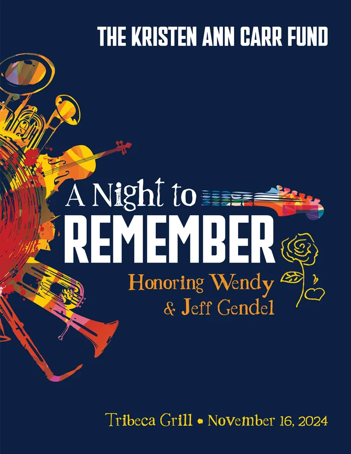 Event branding featuring colorful artwork inside of musical instruments. The Kristen Ann Carr Fund - A Night to Remember - Honoring Wendy & Jeff Gendel 2024
