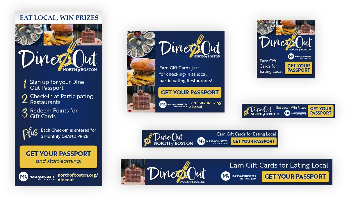 Print and digital ad assets from the North of Boston Dine Out campaign, designed by 3thought.