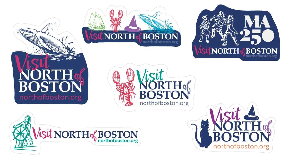 Hand-illustrated logo examples for North of Boston, featuring whales, boats, lobsters, witch hats, black cats, the Old Man of the Sea, and Revolutionary War figures.