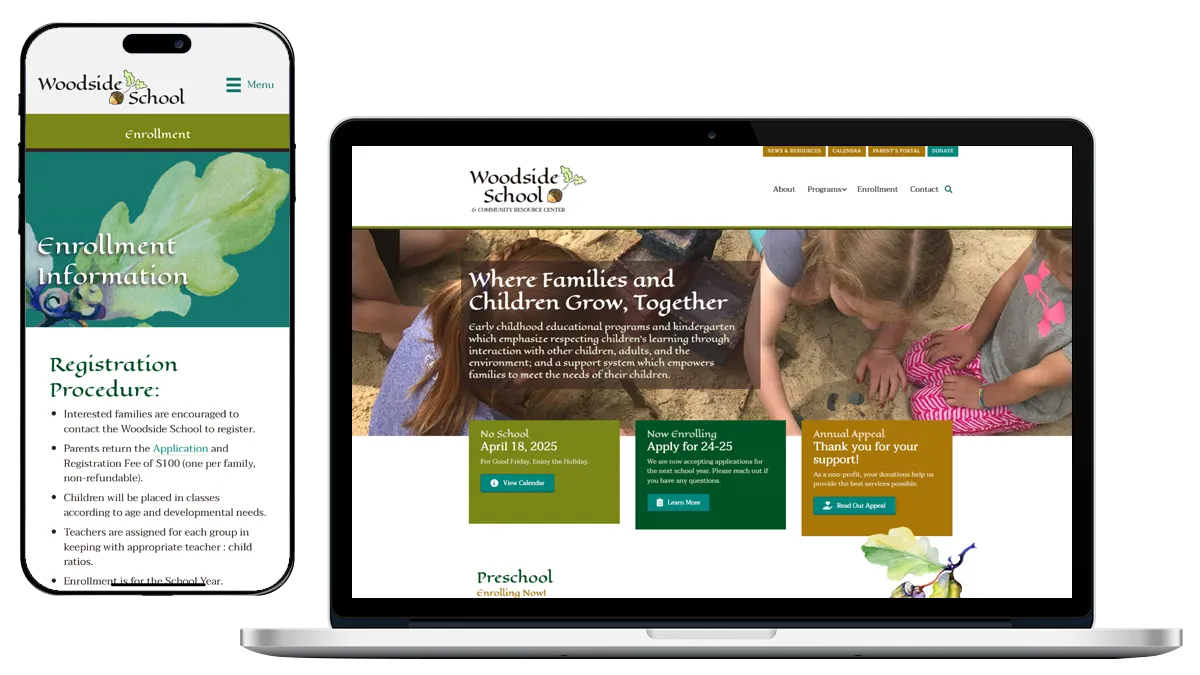 WoodSide-Website-Redesign Website redesign showing mobile and laptop views of Woodside School in Plymouth, MA.