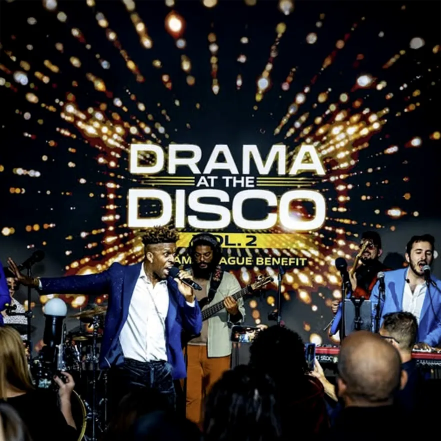 Performers at Drama Leagues Drama at the Disco event with animated motion graphic backdrop